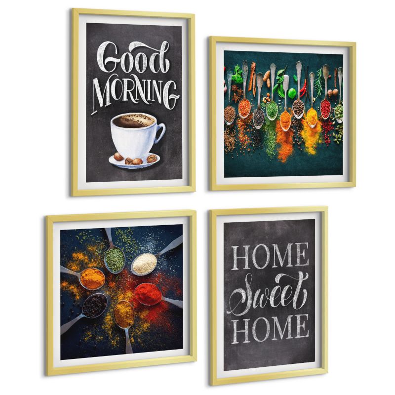 Galeria 4 Obrazów ArtPrintCave (2x50x50+2x40x60cm) Złota rama Przyprawy kawa filiżanka zioła 1 kpl.