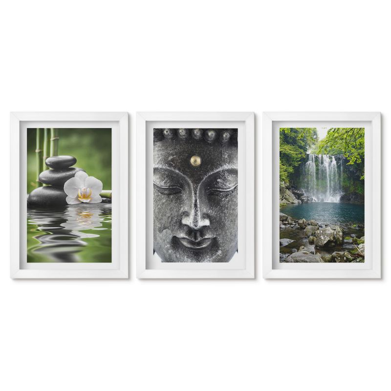 Tryptyk w białej ramie Tulup 20x30 cm Harmonia kamienie woda Budda Obrazy nad biurko zestaw biała rama 1 kpl