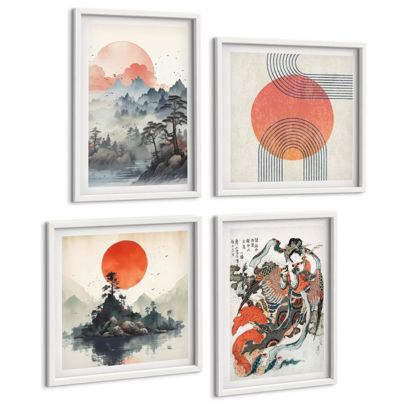 Zestaw Obrazów 4 Częściowy ArtPrintCave (2x50x50+2x40x60cm) Biała rama Azjatyckie pejzaże japandi 1 kpl.