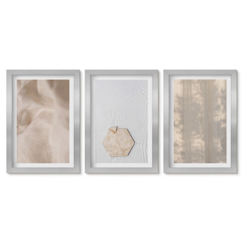 Trzy obrazy w srebrnej ramie zestaw Tulup 20x30 cm Ttekstury boho natura Obrazy nad biurko zestaw srebrna rama 1 kpl