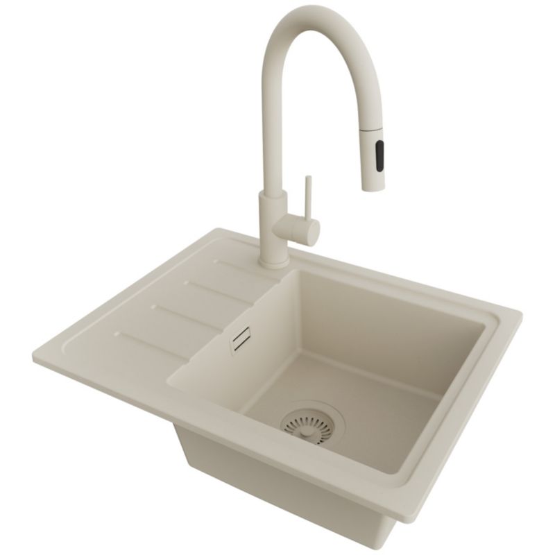 Zlewozmywak Granitowy Kopenhaga Easy PRIMAGRAN Nablatowy 55x44cm do Szafki od 45cm, Cały Beżowy + Bateria + Syfon, S026, 1 szt.
