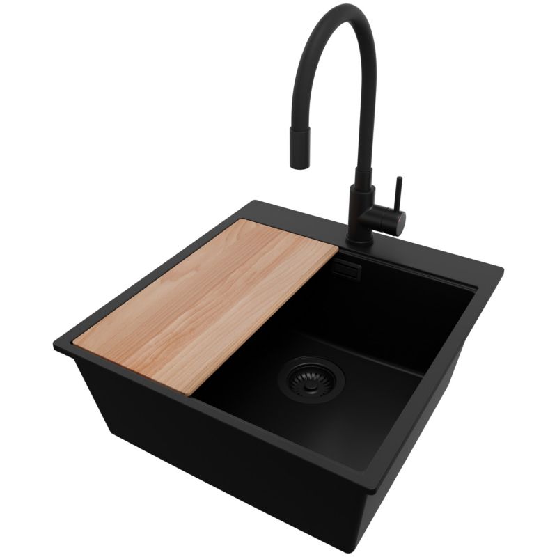Zlewozmywak Granitowy Oslo Top PRIMAGRAN Nablatowy 48x50cm do Szafki od 50cm, Cały Czarny + Bateria + Syfon + Deska, S320, 1 szt.