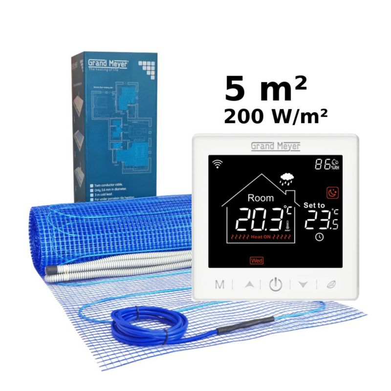 Zestaw do ogrzewania podłogowego 5 m², 200 W/m² + termostat SN-10 Wi-Fi programowalny, 1 szt.