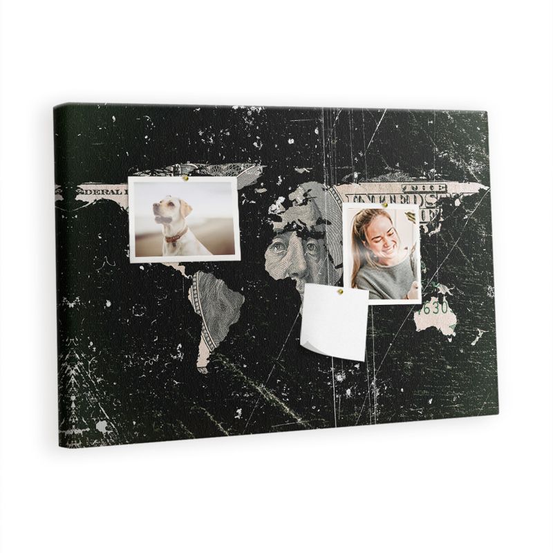 Ozdobna Tablica Korkowa Tulup 60x40 cm Mapa świata dolar Nowoczesna tablica Pinezki kolorowe 1 kpl