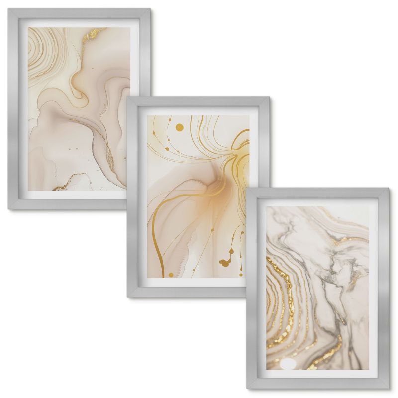 Set Obrazów w Ramie Wallfluent Subtelne abstrakcyjne wzory Srebrna rama 20x30cm 3 szt.