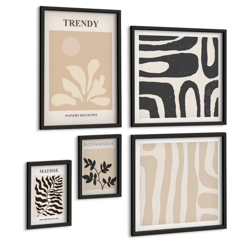 Zestaw 5 Obrazów ArtPrintCave (2x50x50+2x20x30+40x60cm) Czarna rama Stylowe roślinne wzory beż-czarny 1 kpl.
