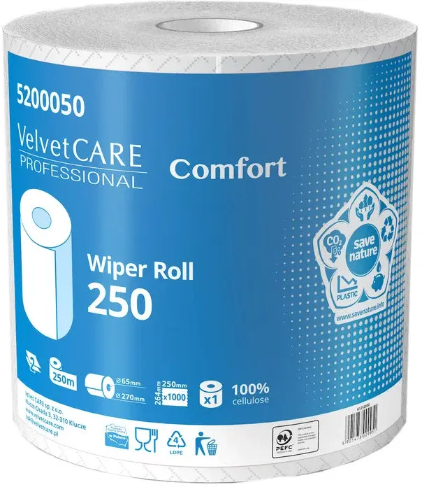 Czyściwo papierowe bezpyłowe VelvetCARE Professional 250, 2-warstwowe, przemysłowe, 250m, 1 rolka, biały