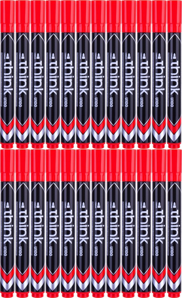 24x Marker permanentny Deli Think U100, okrągła, 1.5mm, czerwony
