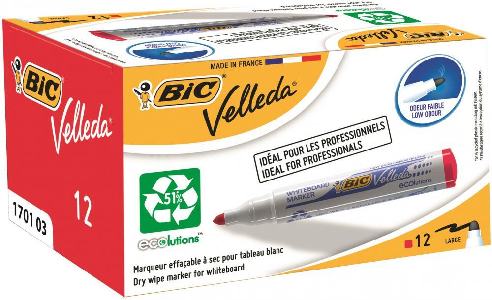 12x Marker suchościeralny Bic Velleda, okrągła, 4.95mm, czerwony
