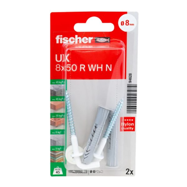 Kołki UX 8x50mm R WH NK z hakiem prostym Biały 2 sztuki Fischer