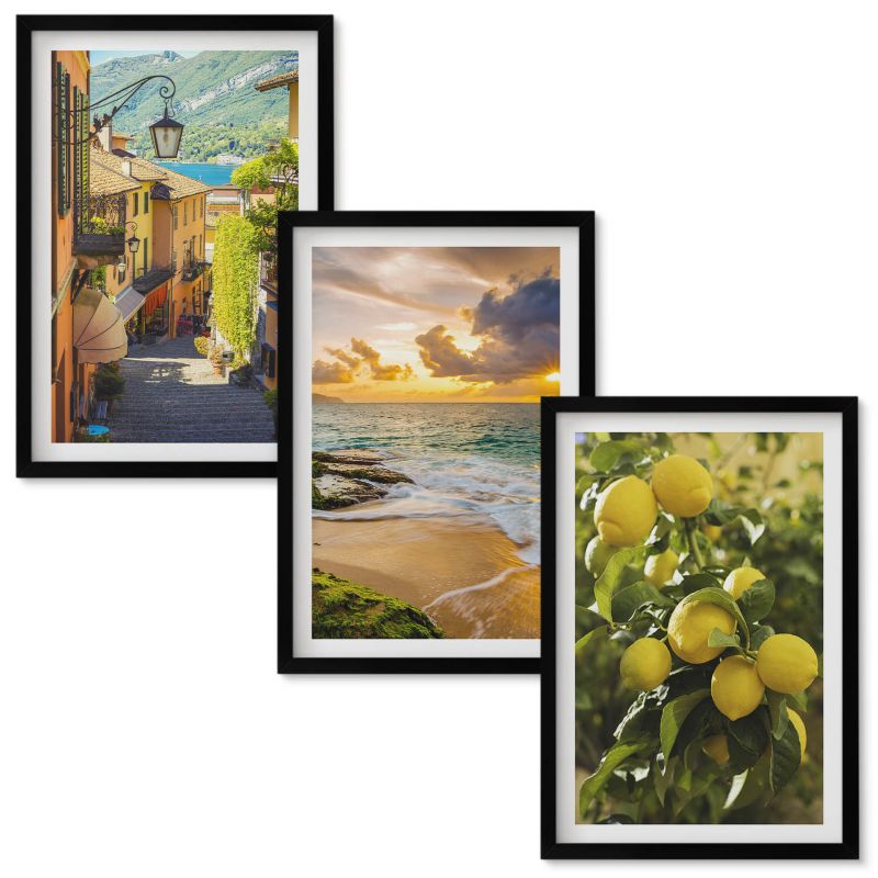 Set Obrazów w Ramie Wallfluent Uliczki morze plaża cytrusy Czarna rama 40x60 cm 3 szt.