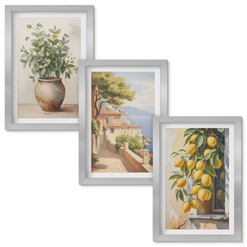 Obrazy do Salonu Wallfluent Kwiaty w wazonie morze cytryny Srebrna rama 20x30cm 3 szt.