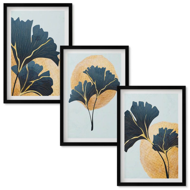 Zestaw obrazów Wallfluent Liście miłorzębu jasne tło Czarna rama 40x60 cm 3 szt.