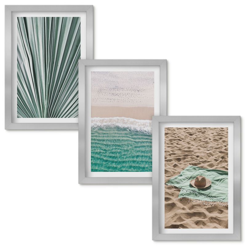 Zestaw Obrazów w Ramie Wallfluent Wakacyjne widoki plaża morze Srebrna rama 20x30cm 3 szt.