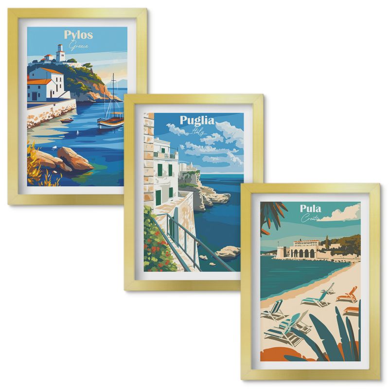 Set Obrazów w Ramie Wallfluent Krajobrazy nadmorskie turystyki Złota rama 20x30cm 3 szt.