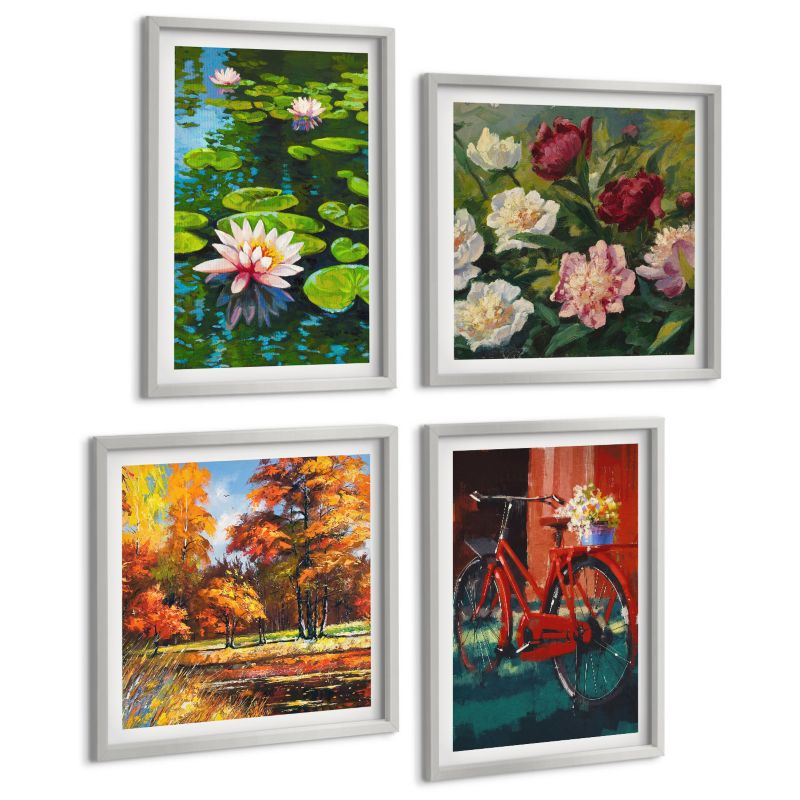 Zestaw 4 Obrazów ArtPrintCave (2x50x50+2x40x60cm) Srebrna rama Lilie w wodzie rower kwiaty 1 kpl.