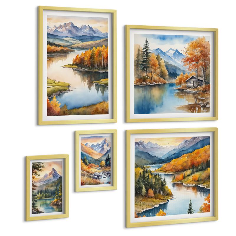 Zestaw 5 Obrazów ArtPrintCave (2x50x50+2x20x30+40x60cm) Złota rama Górski krajobraz z rzeką 1 kpl.
