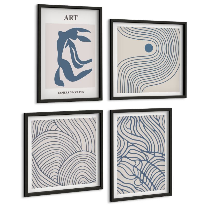 Czteroczęściowy Zestaw Obrazów ArtPrintCave (2x50x50+2x40x60cm) Czarna rama Abstrakcyjne linie niebieskie 1 kpl.