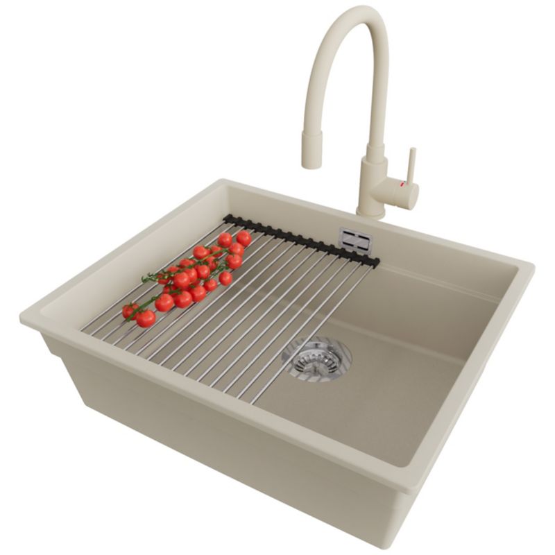 Zlewozmywak Granitowy Praga Level Slim PRIMAGRAN Nablatowy 56x47cm, Beżowy + Bateria + Syfon + Akcesorium, S296, 1 szt.