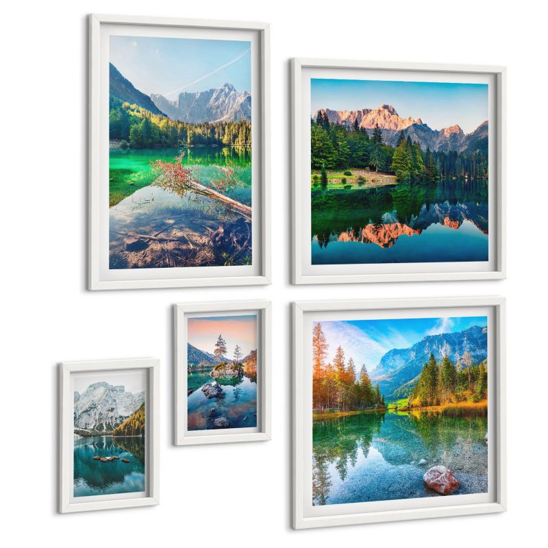 Komplet 5 Obrazów ArtPrintCave (2x50x50+2x20x30+40x60cm) Biała rama Górskie jeziora odbicie las 1 kpl.
