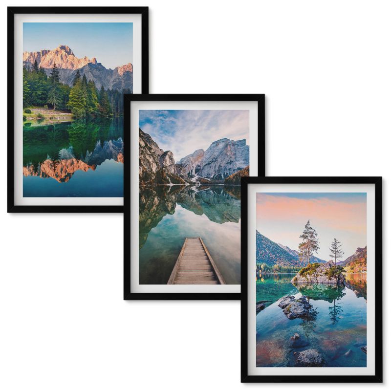 Tryptyk w Ramie Wallfluent Górskie jeziora odbicie las Czarna rama 40x60 cm 3 szt.