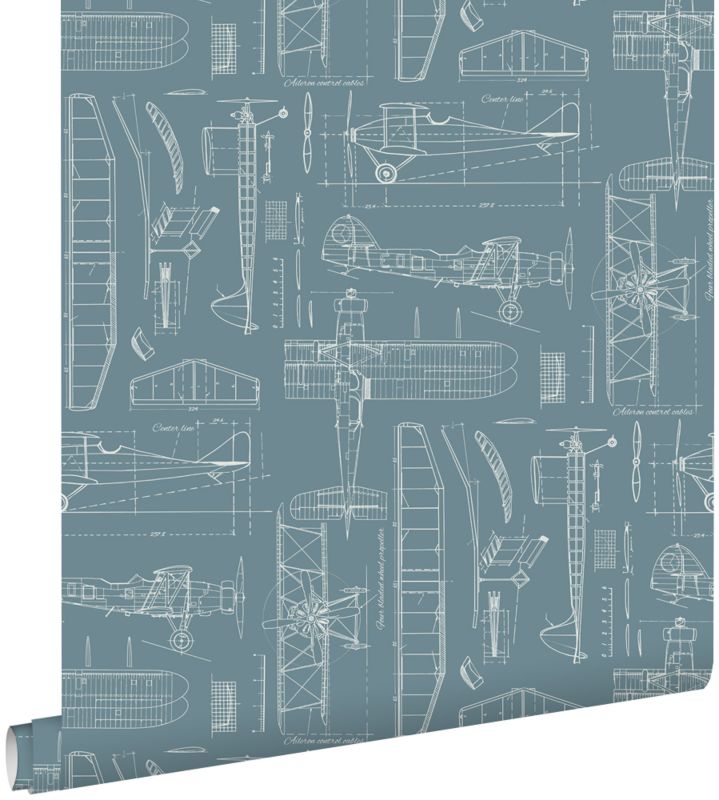 Tapeta ESTAhome rysunki konstrukcyjne samolotów ciemnoniebieskim vintage 53 cm x 10.05 m - 1 rol.