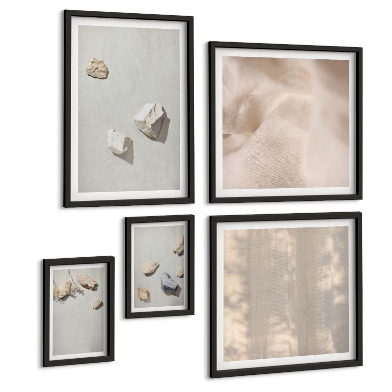 Galeria 5 Obrazów ArtPrintCave (2x50x50+2x20x30+40x60cm) Czarna rama Boho kamienie plaża dekoracje 1 kpl.