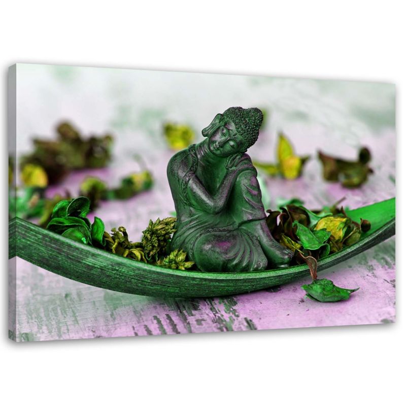 Obraz na płótnie Feeby Figurka Buddy i płatki kwiatów zielony 120x80cm 1szt