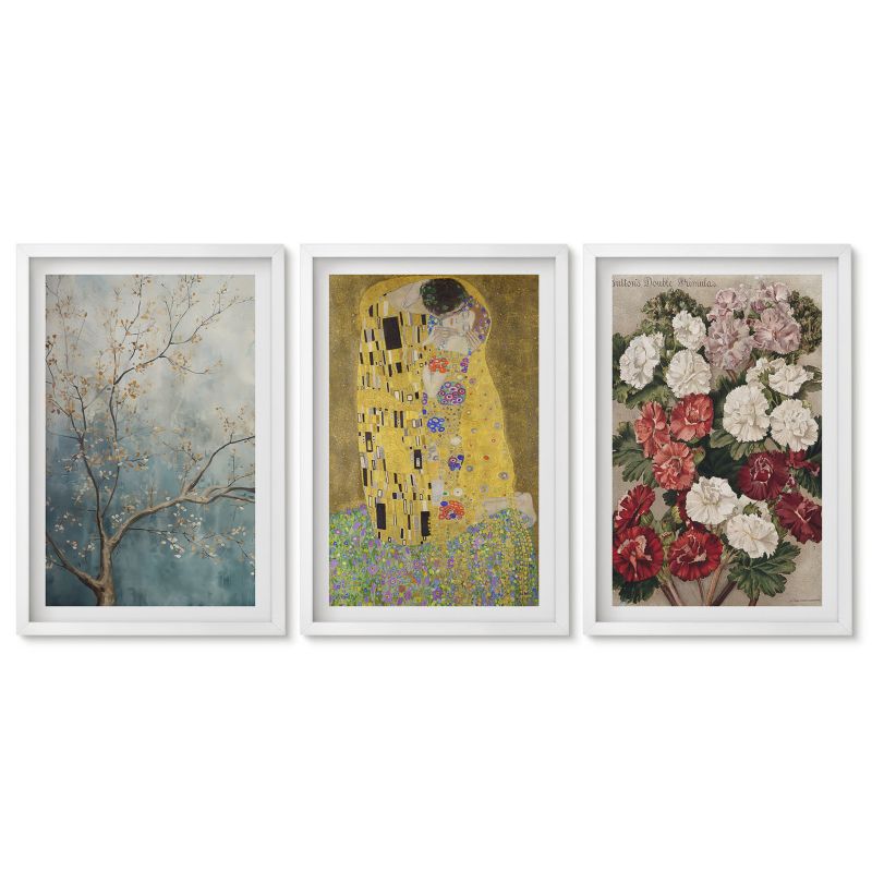 Obrazy w białej ramie Tulup 40x60 cm Kwiaty drzewa malarstwo Klimt Tryptyk 1 kpl