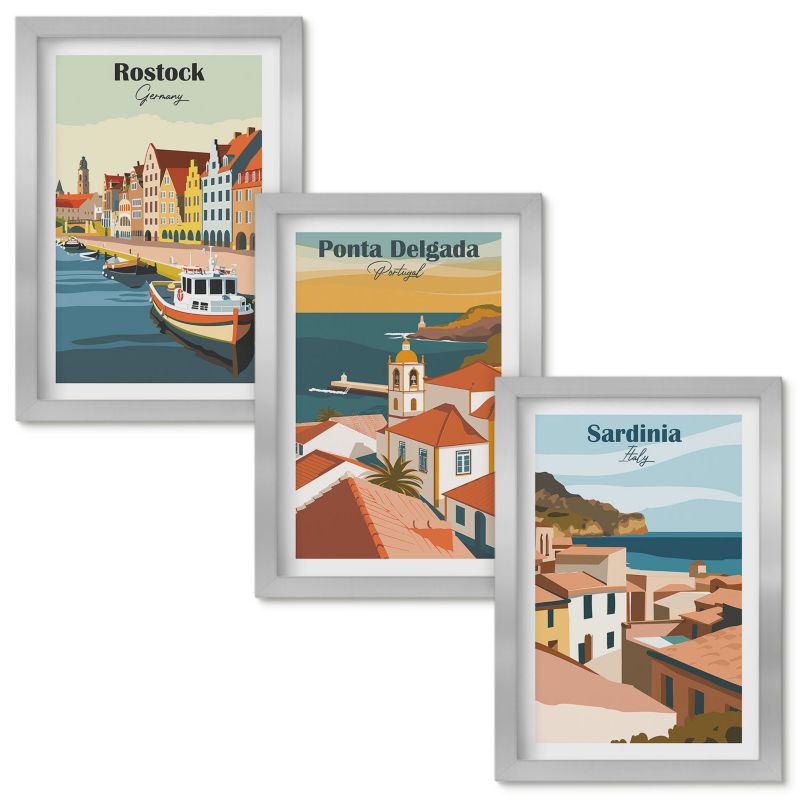 Tryptyk w Ramie Wallfluent Widoki miast nadmorskich Europy Srebrna rama 20x30cm 3 szt.