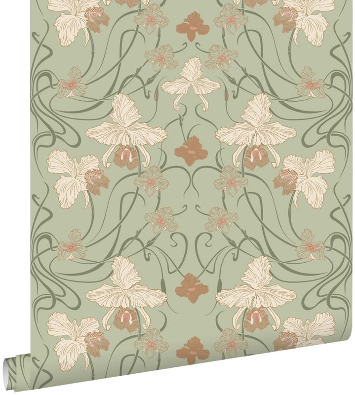 Tapeta ESTAhome vintage kwiaty w stylu secesyjnym szaro zielonymIterakota 53 cm x 10.05 m - 1 rol.