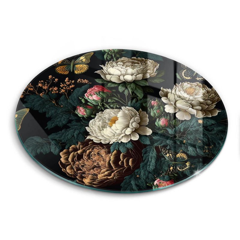 Okrągła szklana deska do krojenia Wallfluent fi30 cm Vintage kwiaty piwonii 1 szt.