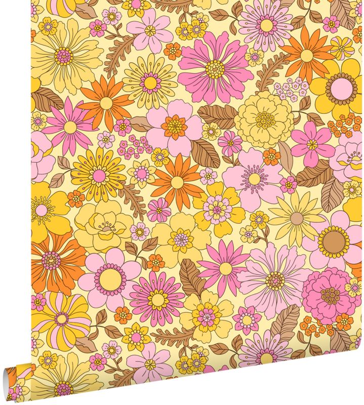 Tapeta ESTAhome retro kwiaty żółtym,różowymIpomarańczowym 50 x 900 cm - 1 rol.