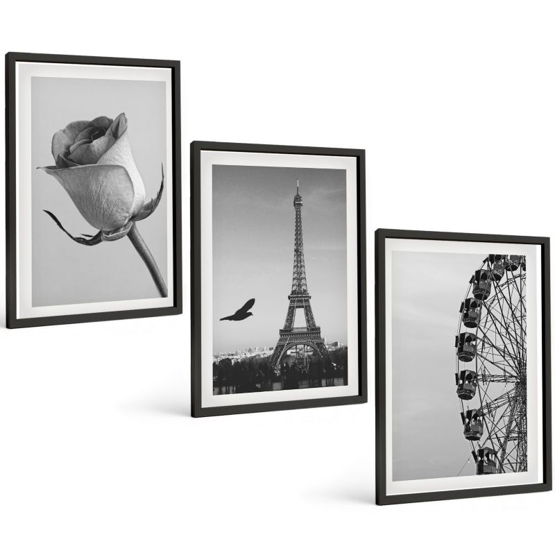Trzyczęściowy Zestaw Obrazów ArtPrintCave 40x60 cm Czarna rama Róża wieża Eiffla diabelski młyn 1 kpl.