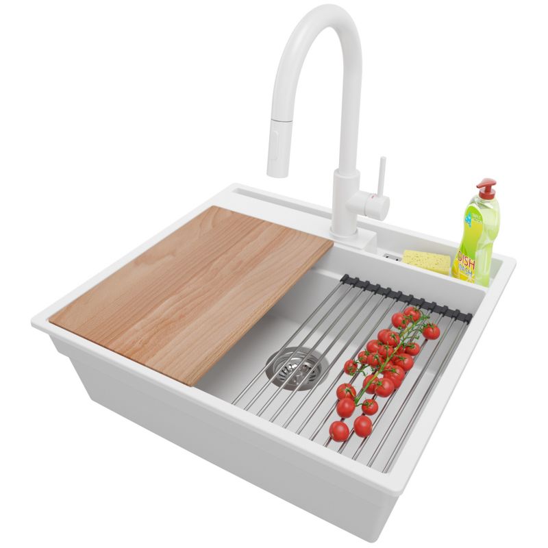 Zlewozmywak Granitowy Oslo Pocket PRIMAGRAN Nablatowy 58x53cm do Szafki od 60cm, Biały + Bateria 40x20cm + Syfon, S286, 1 szt.