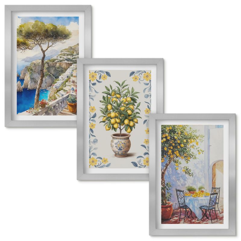 Zestaw obrazów Wallfluent Morze drzewo cytrynowe malunki Srebrna rama 20x30cm 3 szt.