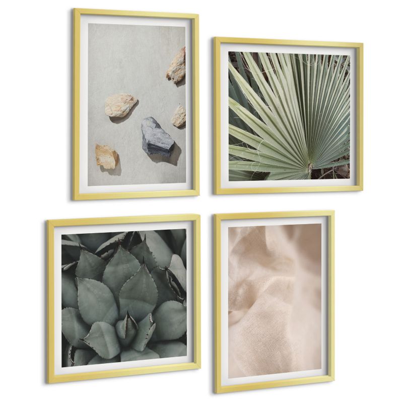 Galeria 4 Obrazów ArtPrintCave (2x50x50+2x40x60cm) Złota rama Kamienie drewno tkanina tekstury 1 kpl.