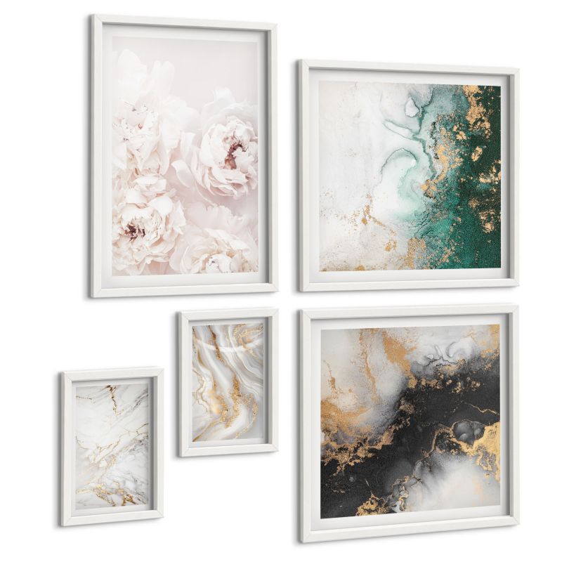 Komplet 5 Obrazów ArtPrintCave (2x50x50+2x20x30+40x60cm) Biała rama Abstrakcyjne wzory biel czerń zieleń 1 kpl.