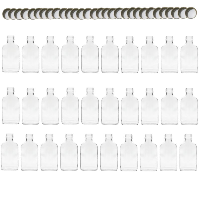 Butelki szklane MODO24 100 ml piersiówka fi 28 z nakrętkami PZH 30 szt.