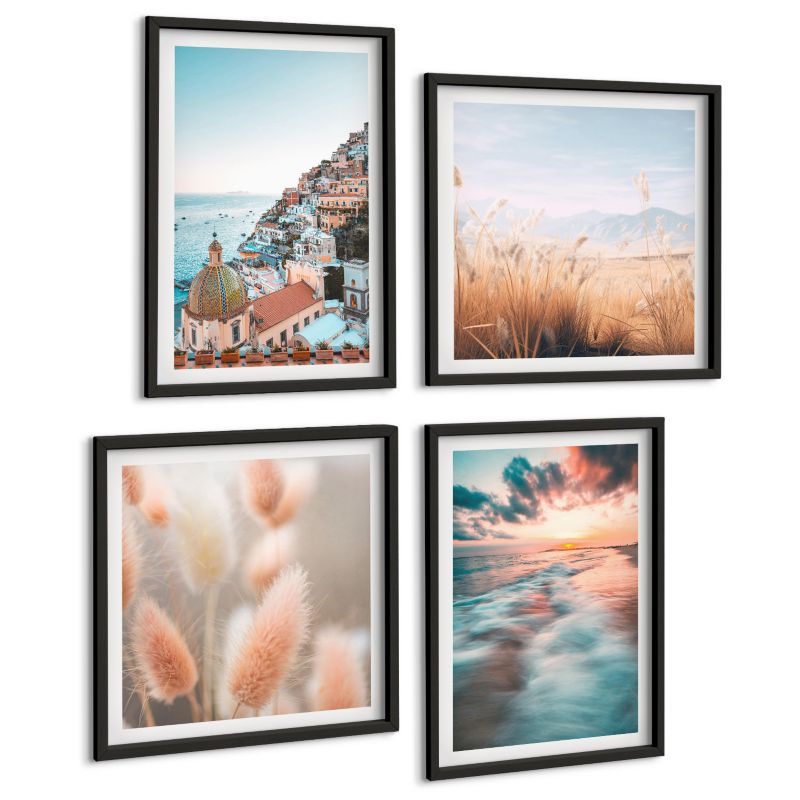 Komplet 4 Obrazów ArtPrintCave (2x50x50+2x40x60cm) Czarna rama Morze zachód słońca domy kwiaty 1 kpl.