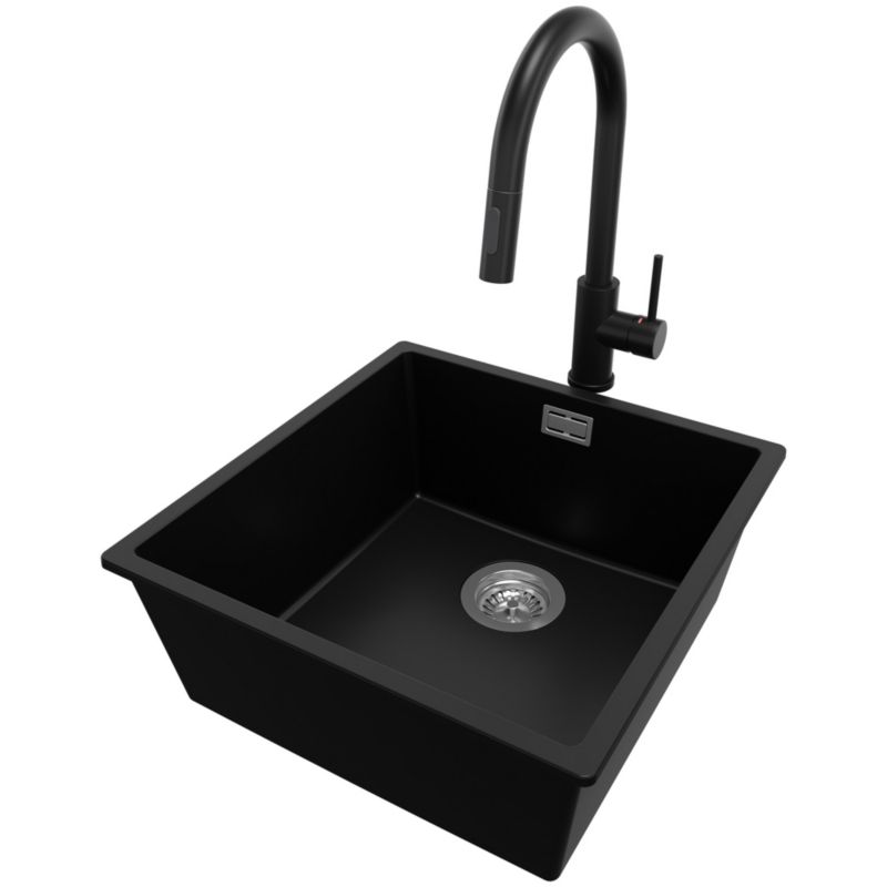 Zlewozmywak Granitowy Londyn Slim PRIMAGRAN Nablatowy 46x47cm do Szafki od 50cm, Czarny + Bateria 40x20cm + Syfon, S225, 1 szt.