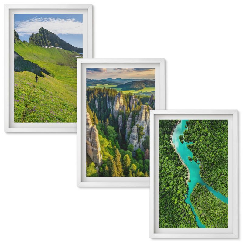 Obrazy do Salonu Wallfluent Zielone góry rzeka skały Biała rama 40x60 cm 3 szt.