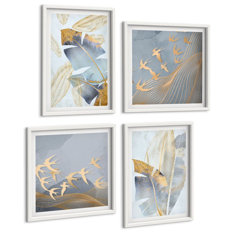 Czteroczęściowy Zestaw Obrazów ArtPrintCave (2x50x50+2x40x60cm) Biała rama Liście niebiesko-beżowe na tle 1 kpl.