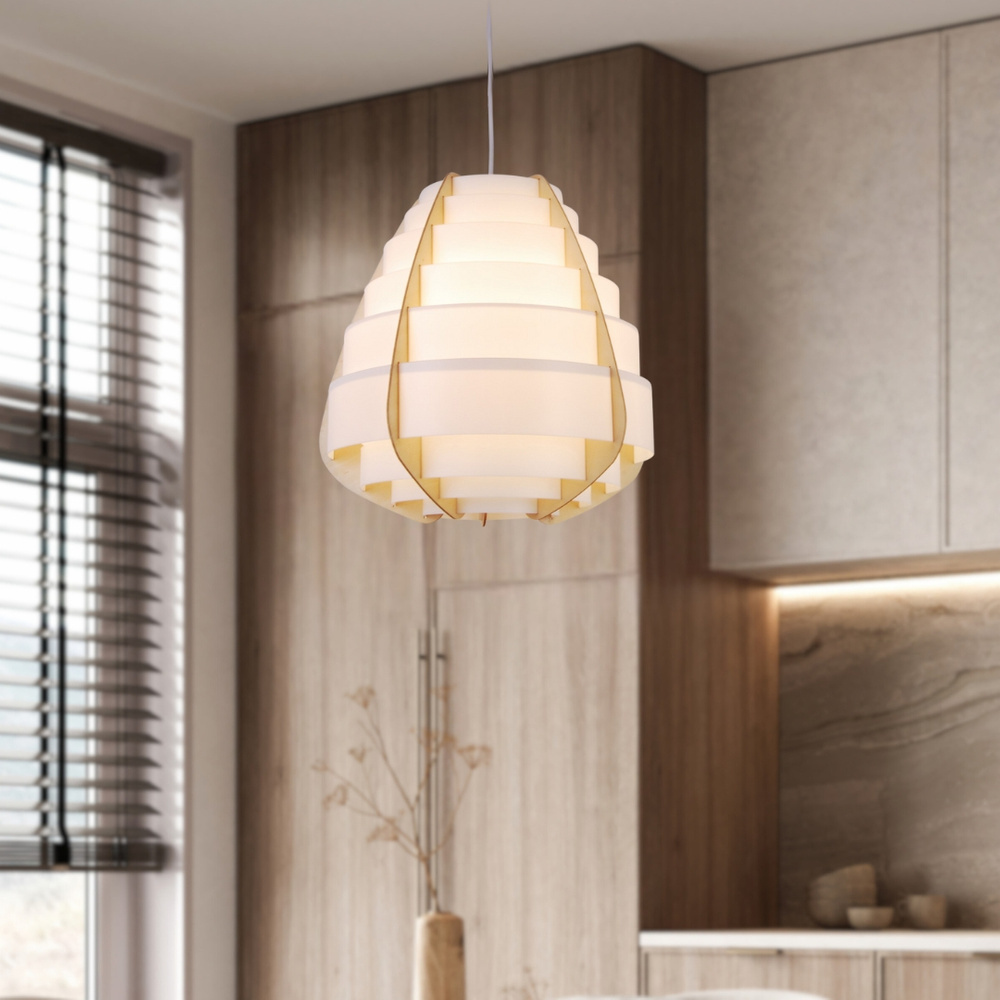 Beżowo-biała lampa wisząca do salonu NAGOJA drewno tworzywo sztuczne