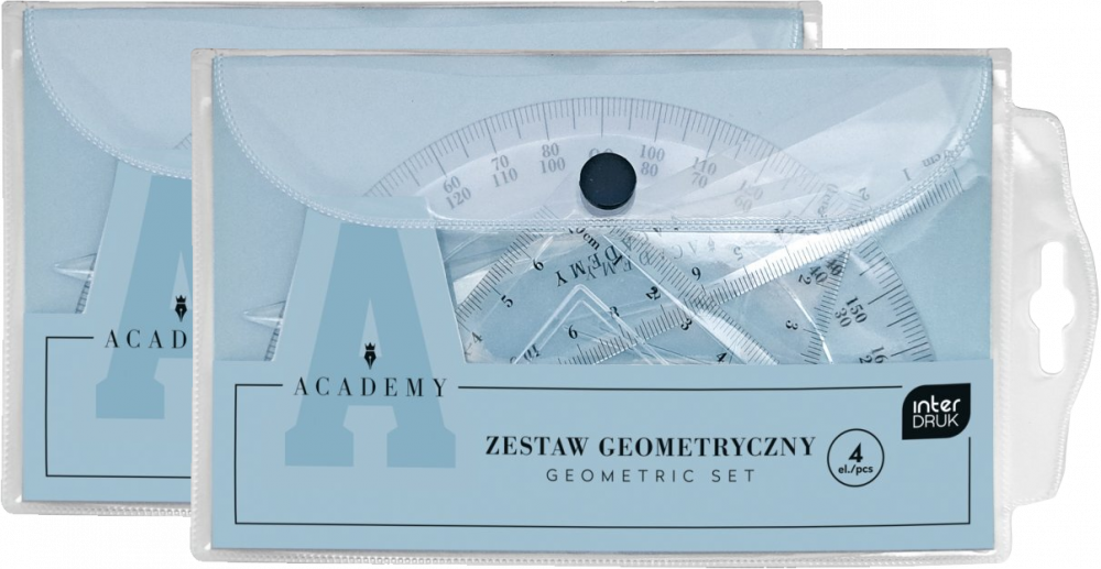 2x Zestaw geometryczny Interdruk Academy, 4 elementy, w etui, przezroczysty