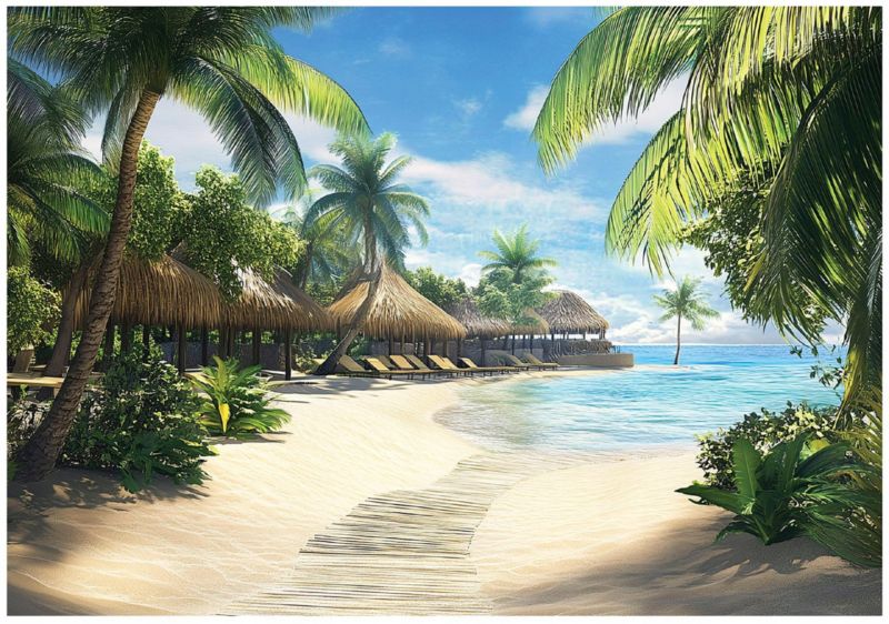 Fototapeta Morze 3D Plaża Palmy Hawaje Do Salonu Sypialni Kuchni WALLARENA 300x210 cm Tapeta Na Flizelinie 1 szt.