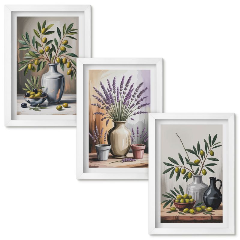 Obrazy Do Sypialni Wallfluent Kwiaty oliwki w wazonach tle Biała rama 20x30cm 3 szt.