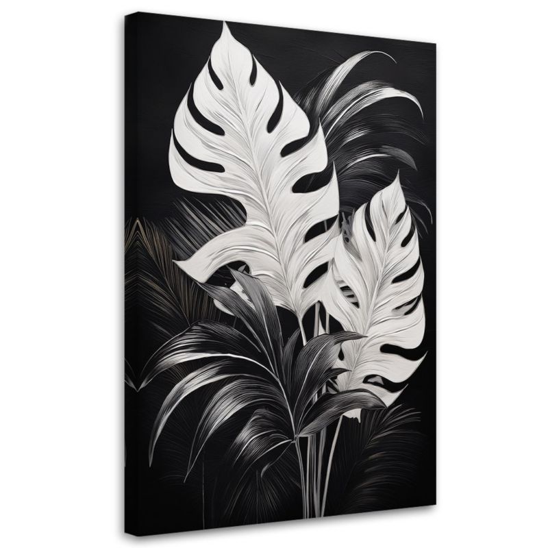 Obraz na płótnie Feeby Liście monstery Czarny Biały Loft 80x120cm 1szt