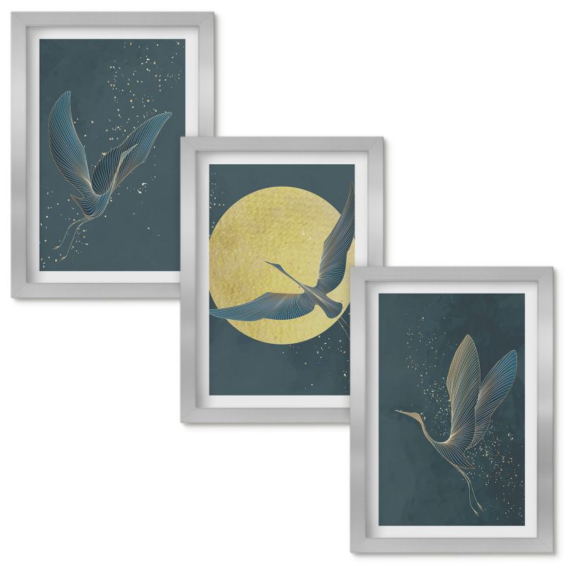 Obraz Ścienny Zestaw Wallfluent Żurawie w locie nocą Srebrna rama 20x30cm 3 szt.