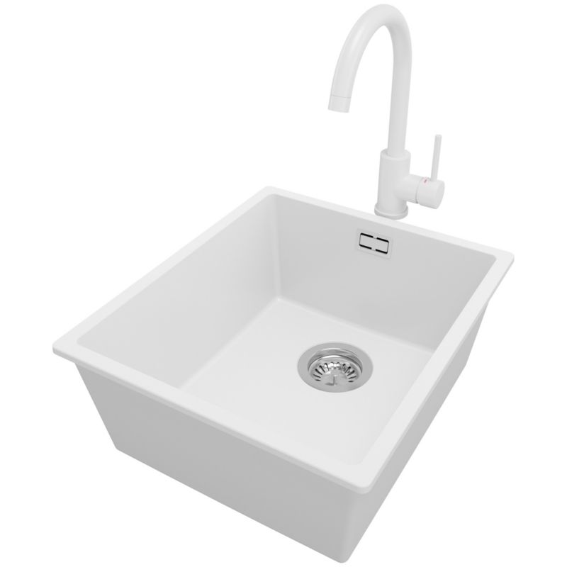Zlewozmywak Granitowy Londyn Slim PRIMAGRAN Nablatowy 41x47cm do Szafki od 45cm, Biały + Bateria 32x20cm + Syfon, S129, 1 szt.